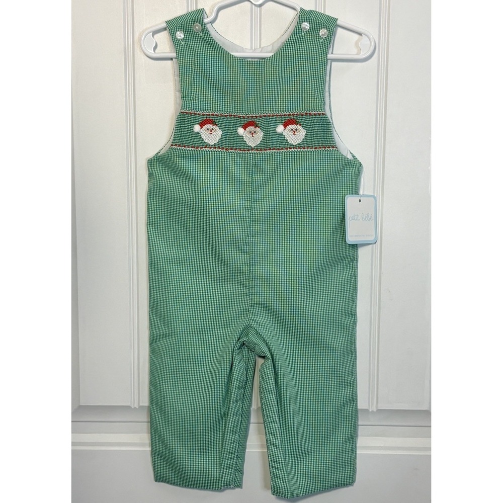 NWT Petit Bebe Boys 18M Green Gingham Smocked Santa Jon Jon Longall Christmas